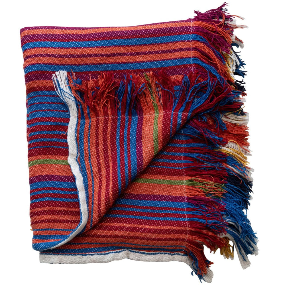 Multicolored Crimson & Blue Striped Cotton Blend Throw Blanket - 50" x 60"