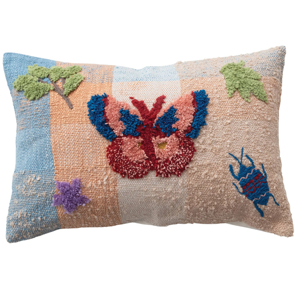 Multicolored Cotton Lumbar Pillow w/ Tufted Insects - 16" x 24"