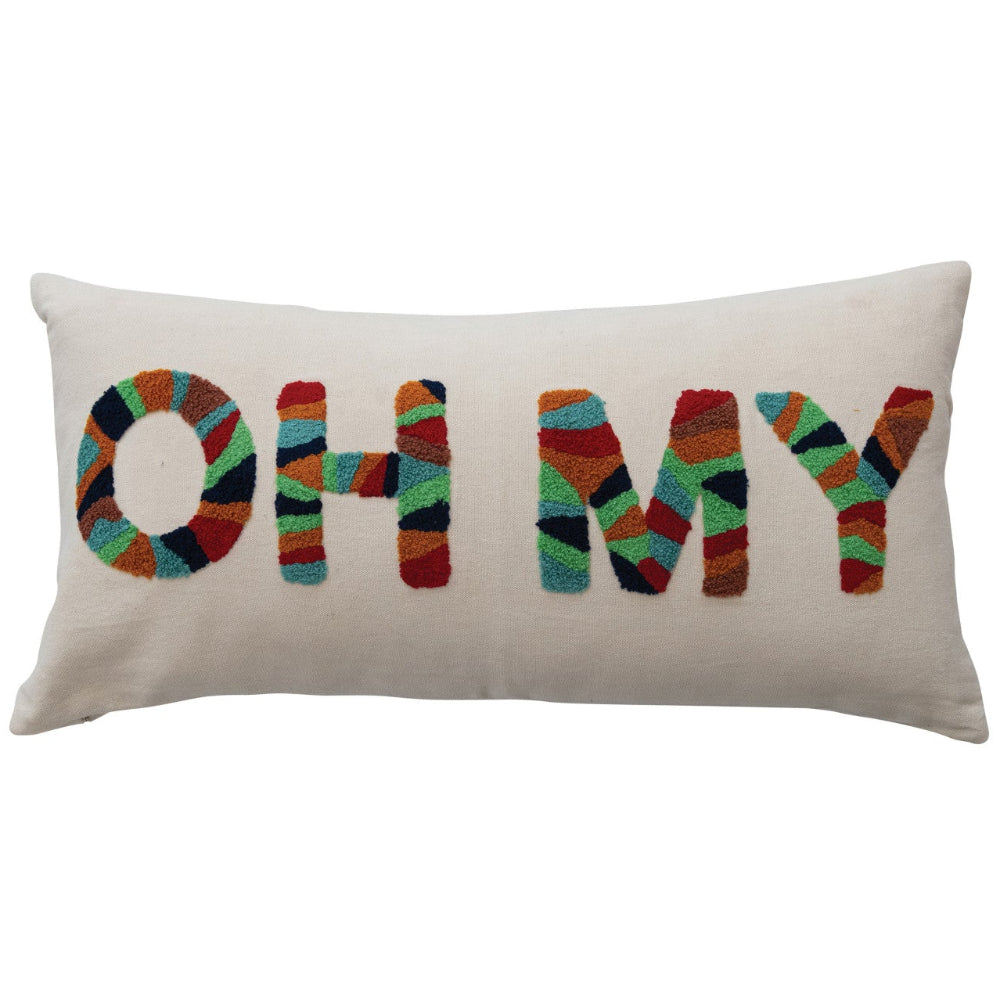 Tufted Cotton "OH MY" Embroidered Lumbar Pillow - 12" x 24"