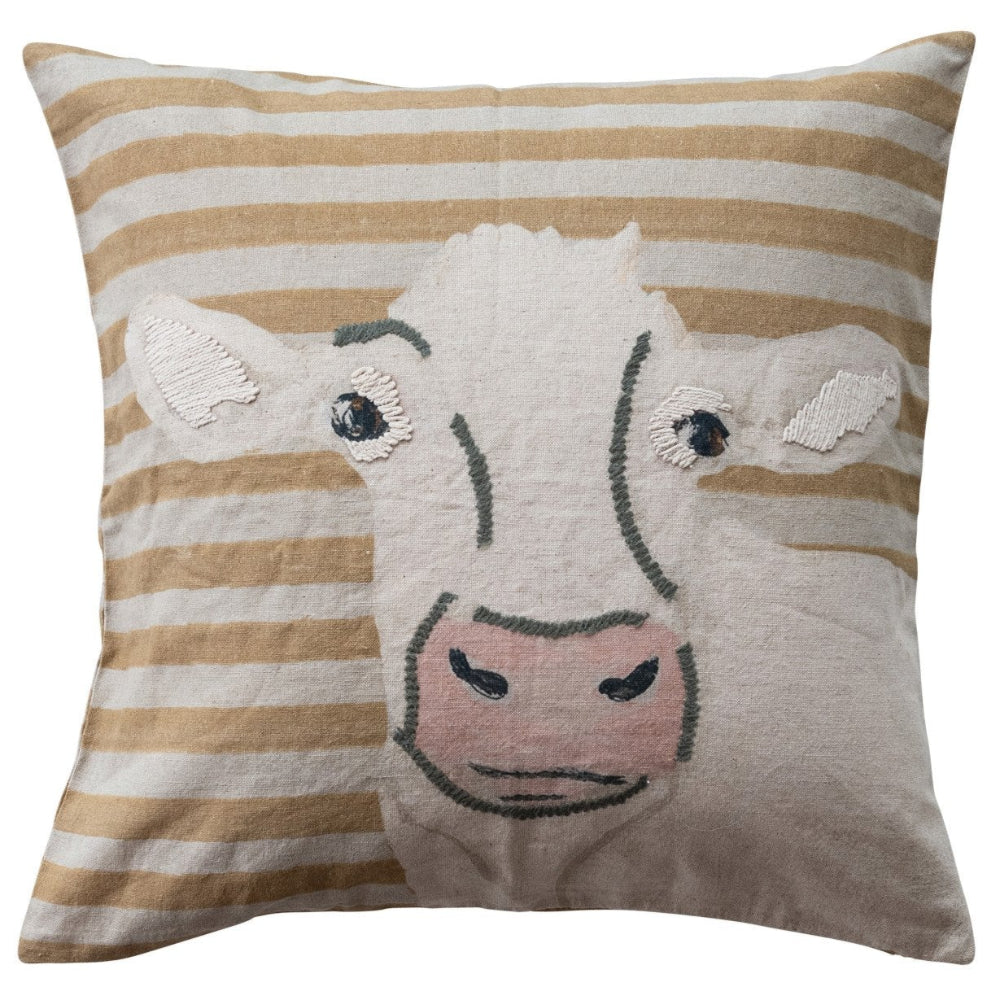 Striped Cotton Pillow w/ Embroidered Cow - 20" x 20"