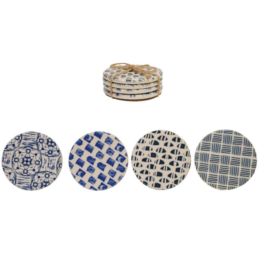 Blue & White Patterned Stoneware Coasters - 4 pc.