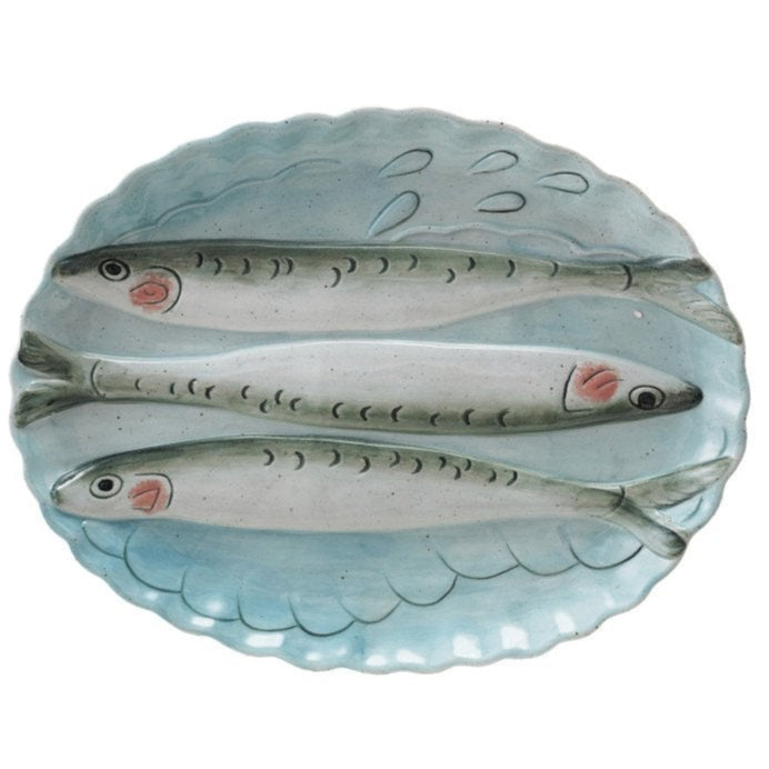 Scalloped Oval Stoneware Plate w/ Raised Sardine Figures - 9.5" x 12.25"