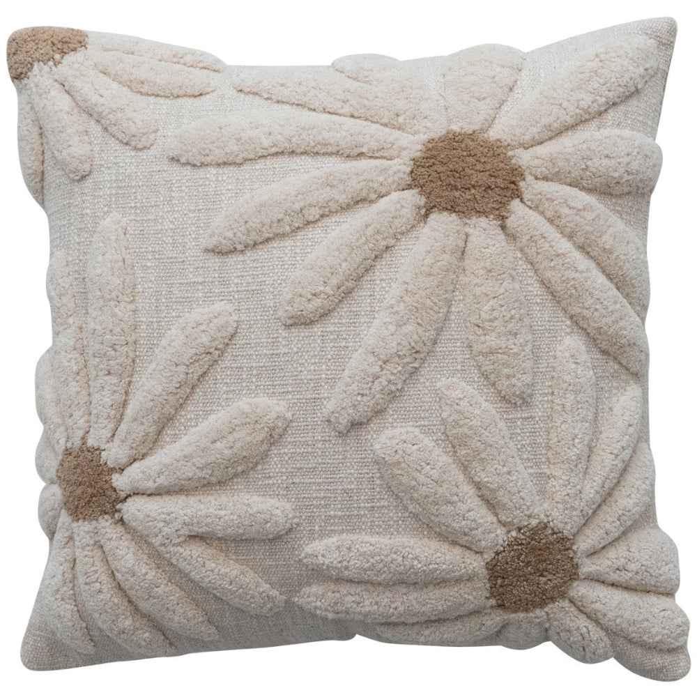 White Cotton Slub Pillow w/ Tufted Daisies - 18" x 18"