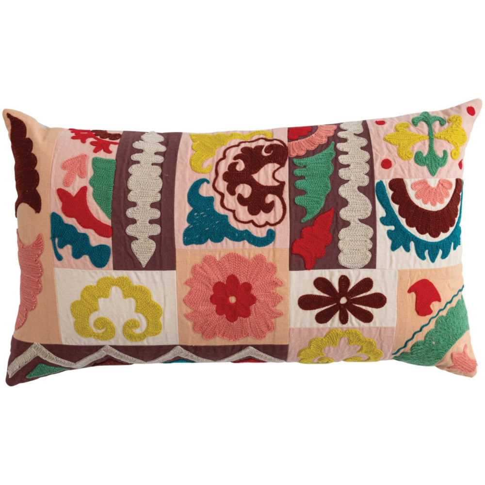 Embroidered Patchwork Floral Cotton & Chambray Lumbar Pillow - 12" x 22"