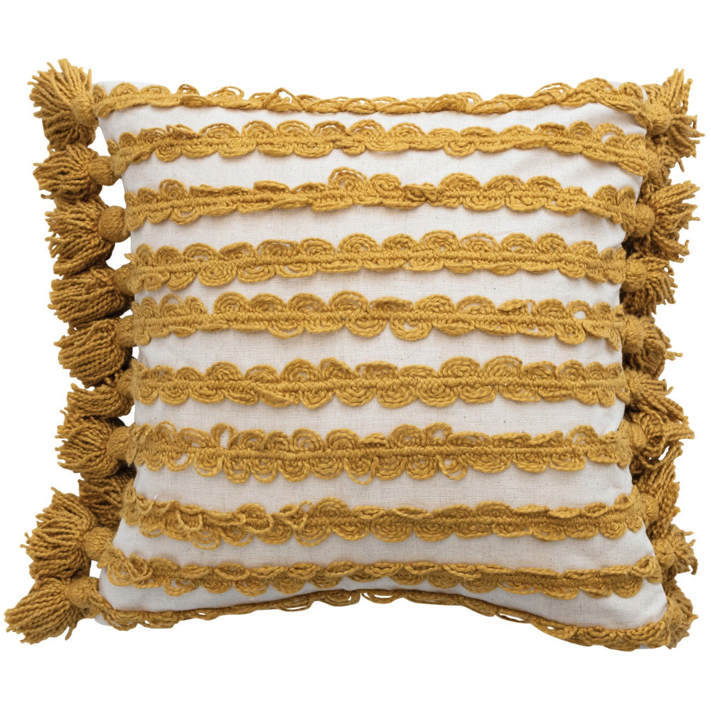 Gold & White Cotton Ric Rac Pillow w/ Tassels - 20" x 20"