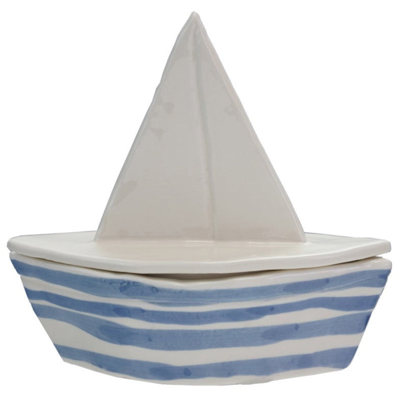 Blue & White Sailboat-Shaped Stoneware Trinket Box - 2.5" x 5.5"