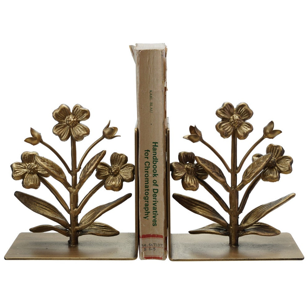 Gold-Finished Cast Iron Floral Bookends - 2 pc.