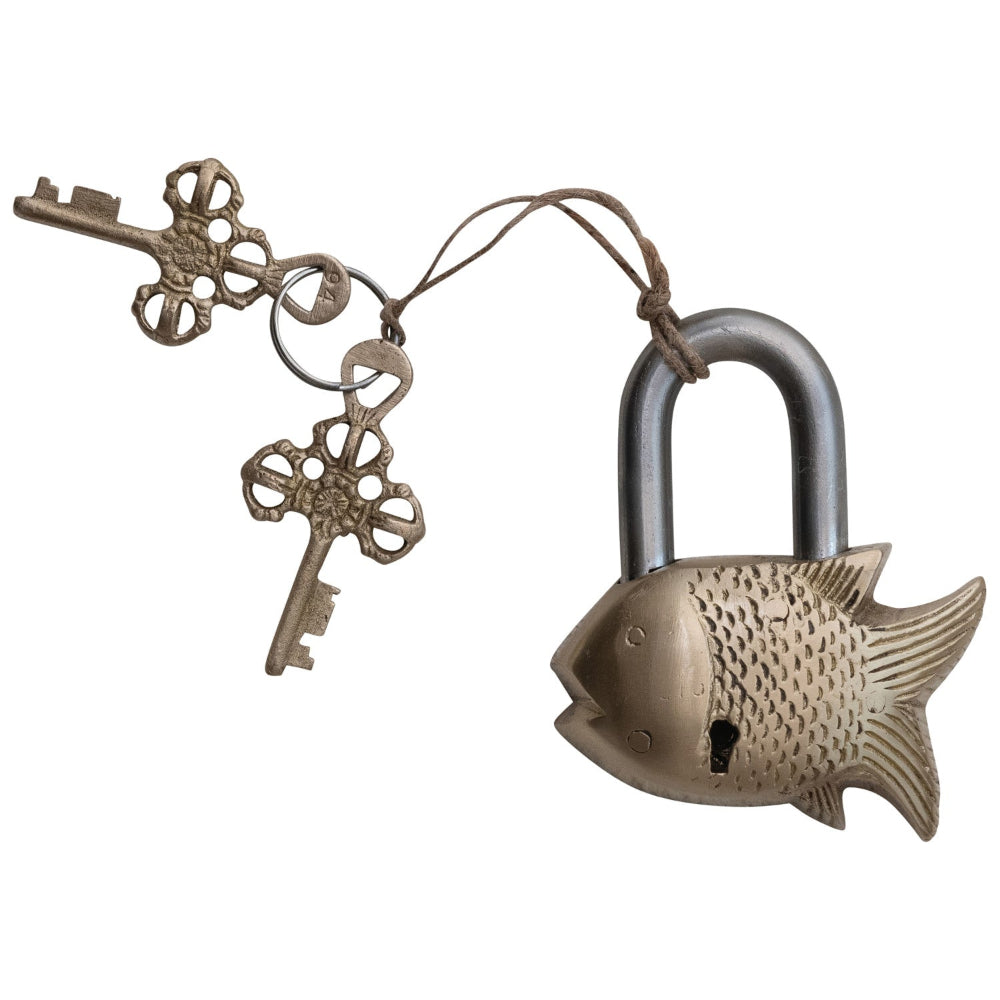 Fish-Shaped Brass Padlock w/ Keys - 3.5"