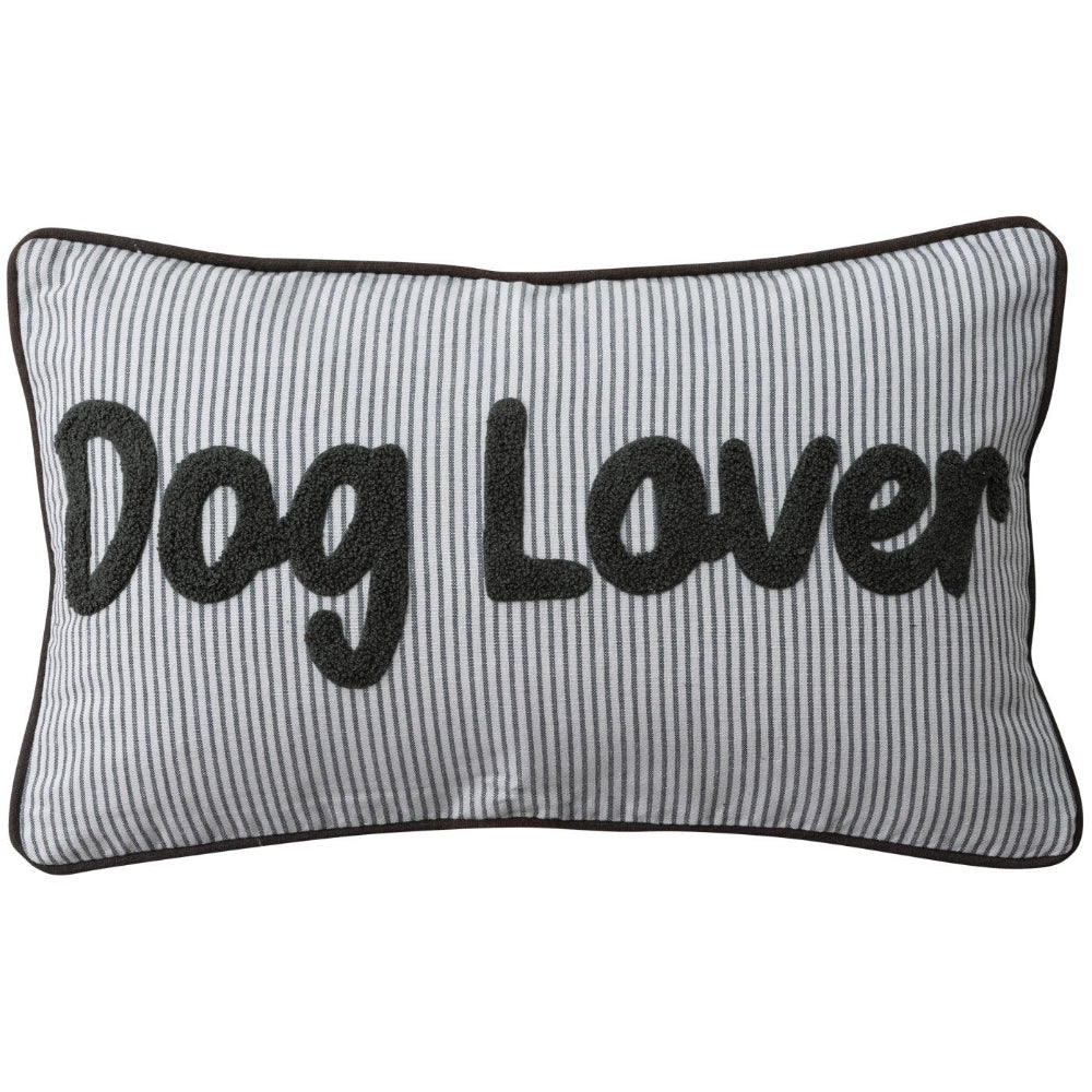 Tufted Cotton "Dog Lover" Embroidered Striped Lumbar Pillow - 12" x 20"