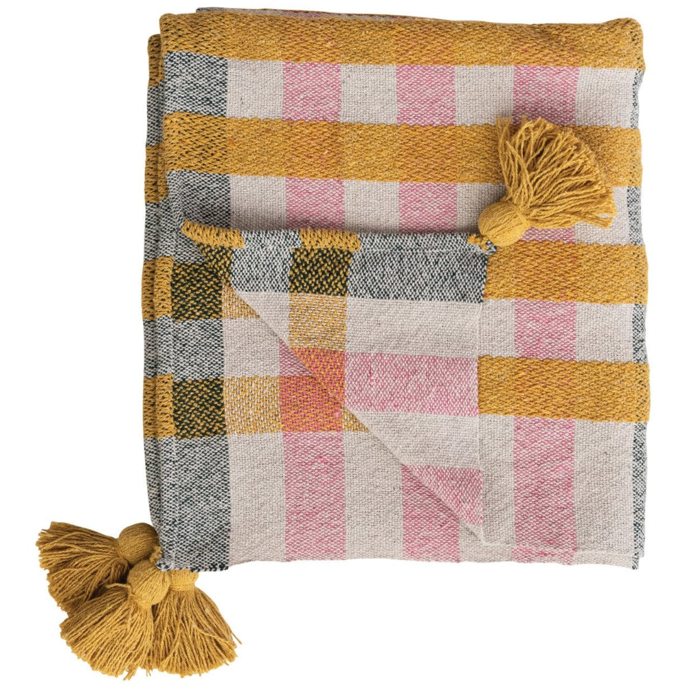 Multicolored Pink & Gold Cotton Jacquard Throw Blanket w/ Tassels - 50" x 60"