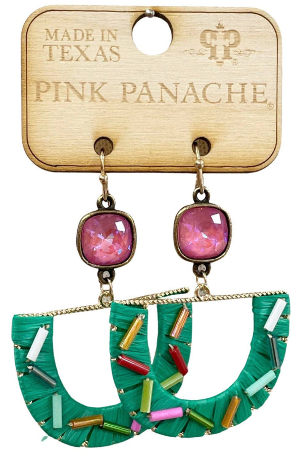 Pink Panache Green Raffia Fan & Assorted Bead Earrings
