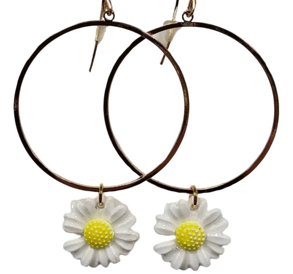 Pink Panache White Daisy Charm Hoop Earrings