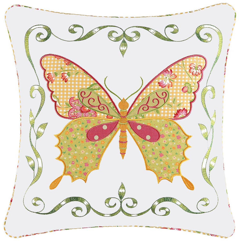Embellished Pink Floral Butterfly Cotton Throw Pillow - 18" x 18"
