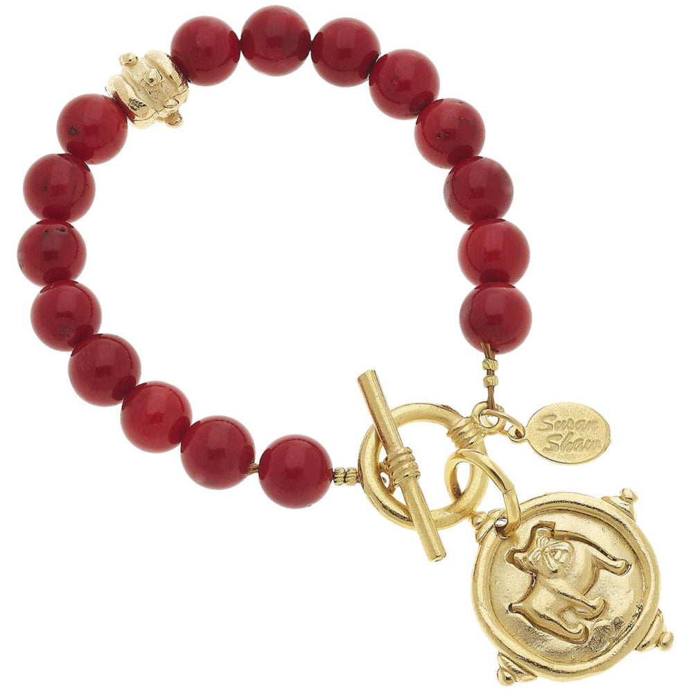 Susan Shaw Gold Bulldog Coin & Red Coral Bead Bracelet