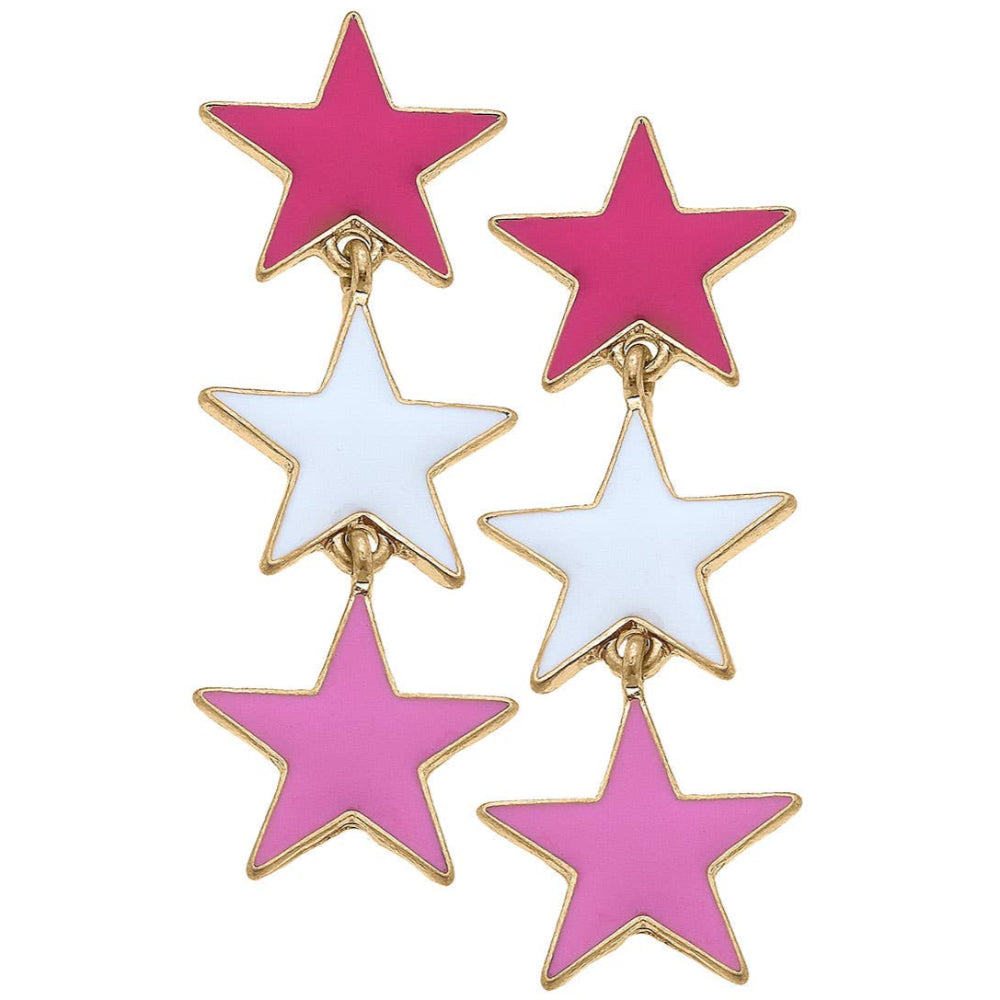 Canvas Style Linked Pink & White Enamel Star Earrings