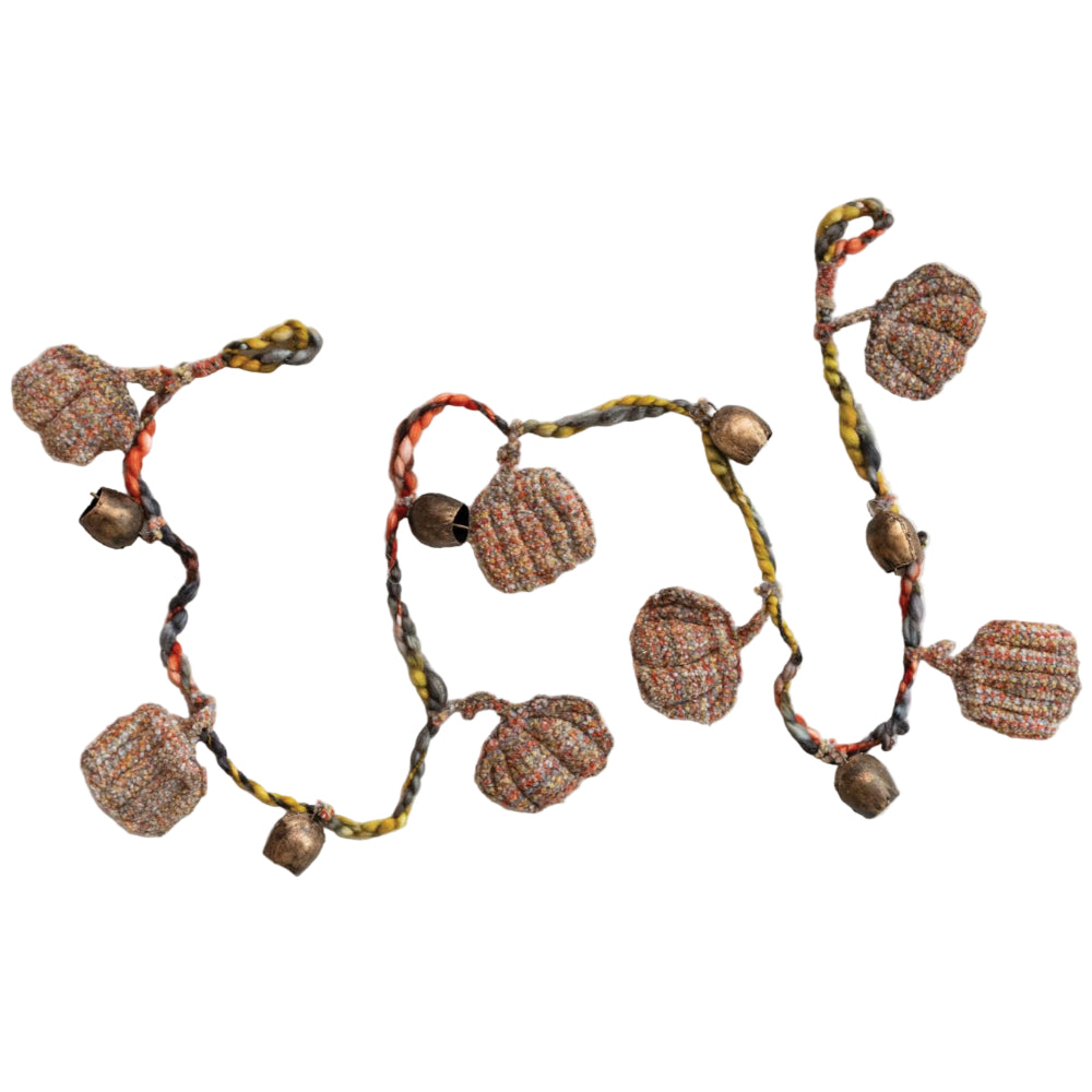 Hand-Woven Melange Fabric Pumpkin & Bell Garland - 6'