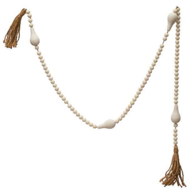 Paulownia Wood Bead Garland w/ Jute Tassels - 6'