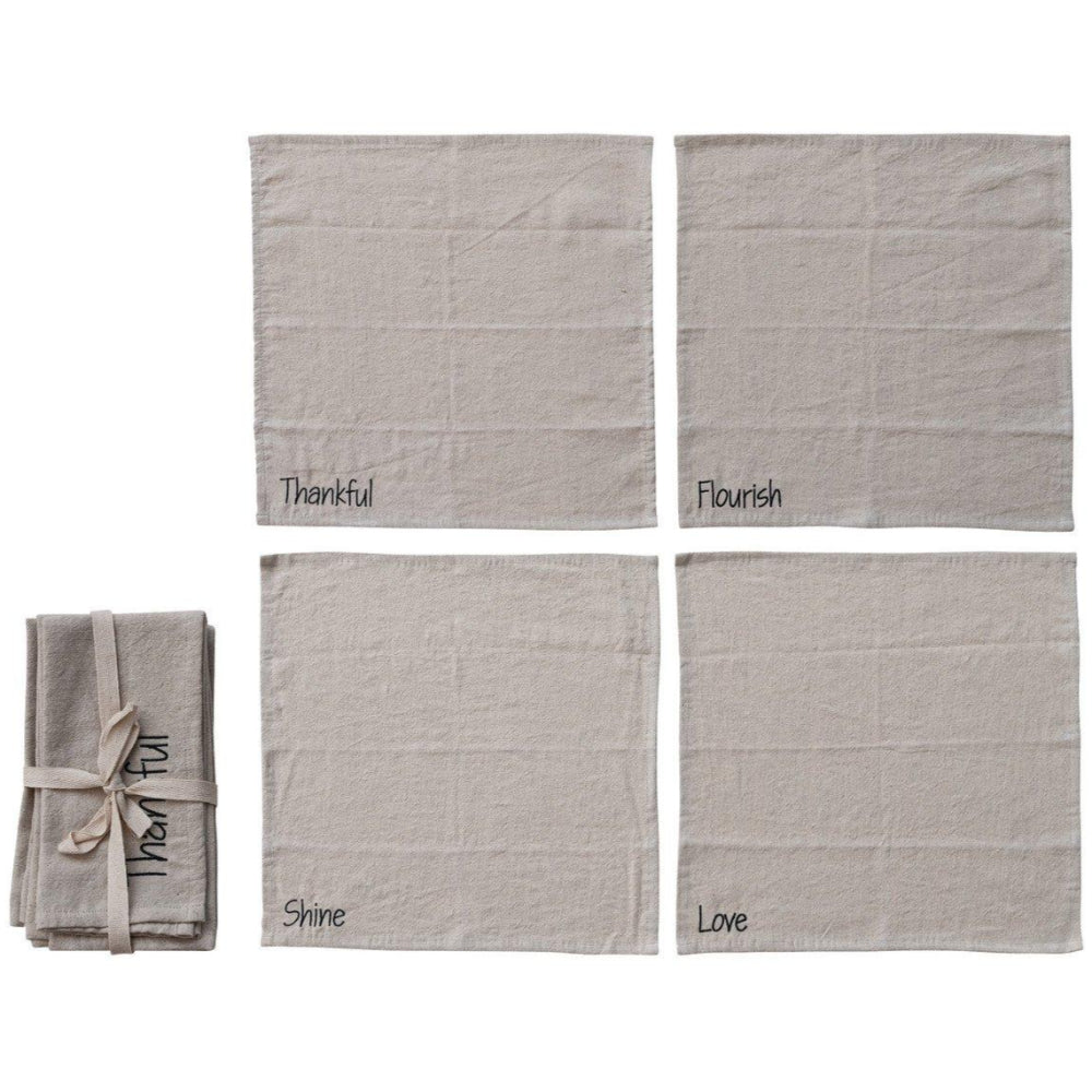 Embroidered Natural Cotton Linen Thankful Napkins - 4 pc.