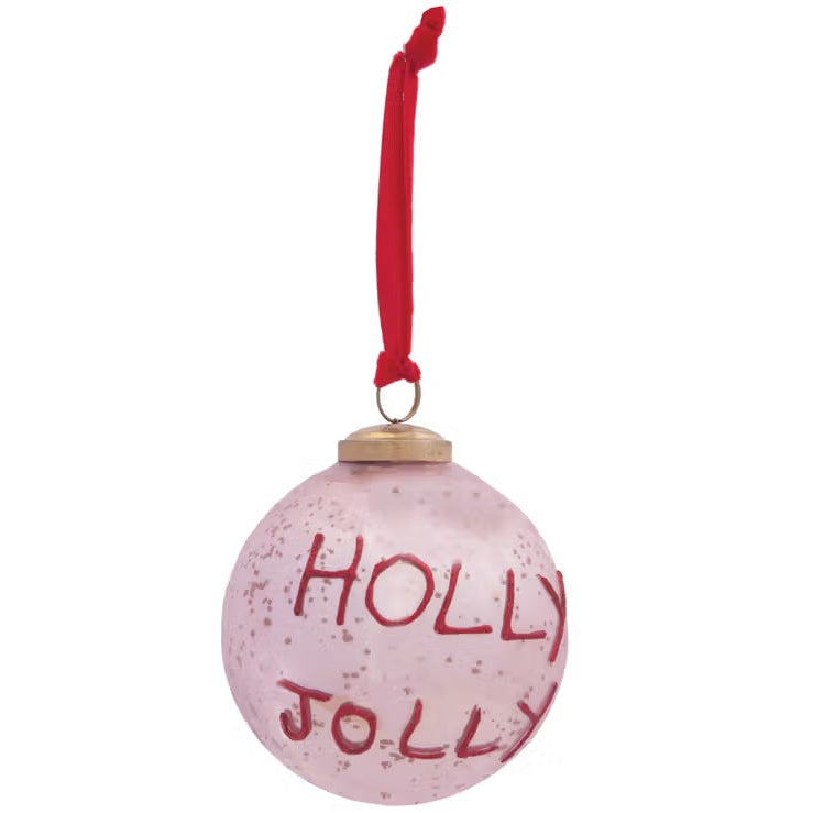 Pink Glitter Glass "Holly Jolly" Ball Ornament - 3.5"