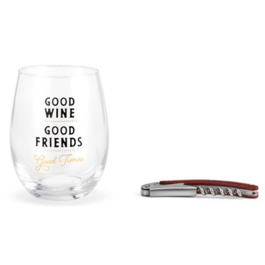 "Good Wine, Good Friends, Good Times" Stemless Wine Glass & Corkscrew Set