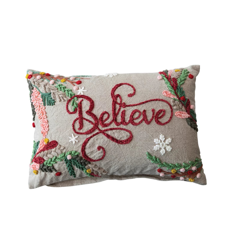 Cotton Chambray Embroidered Lumbar "Believe" Pillow