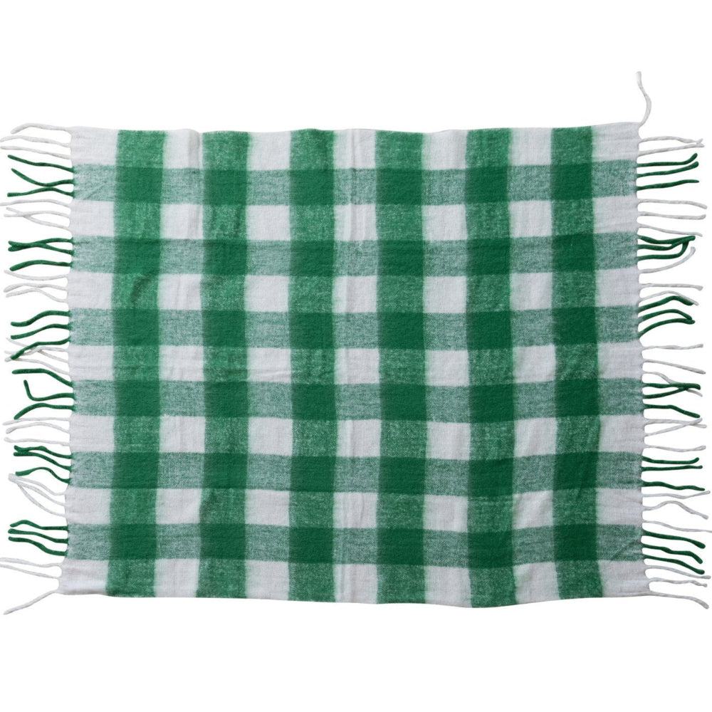 Green & White Plaid Acrylic Throw Blanket w/ Fringe - 50" x 60"