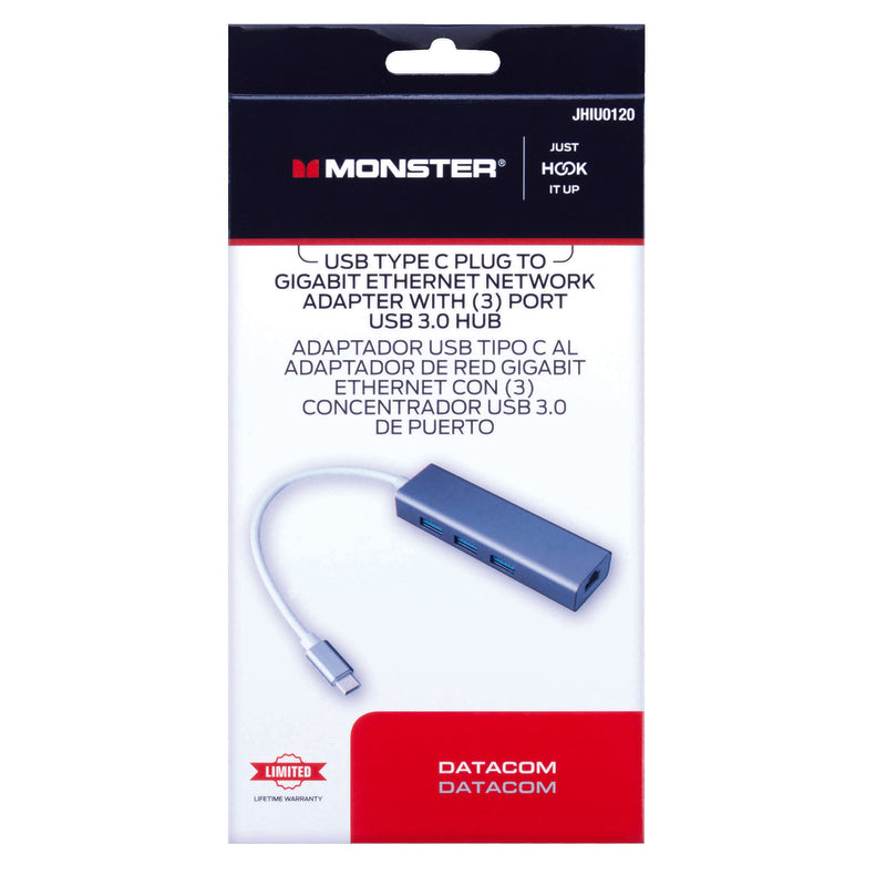 Monster USB Type C Plug to Gigabit Ethernet Network Adapter - 3 Port USB 3.0 Hub