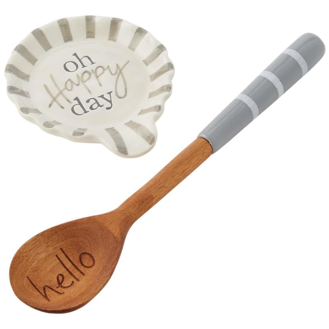 "Oh Happy Day" Ceramic & Wood Ruffle Spoon Rest Set