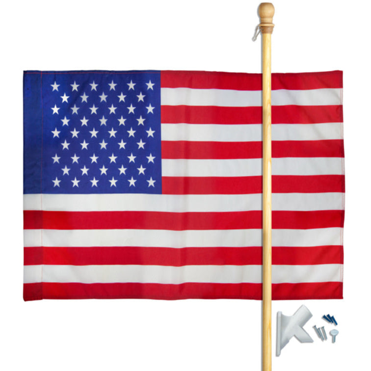 Complete Nylon American Flag & Angle-Mount Wood Flagpole Kit (Natural) - 5'