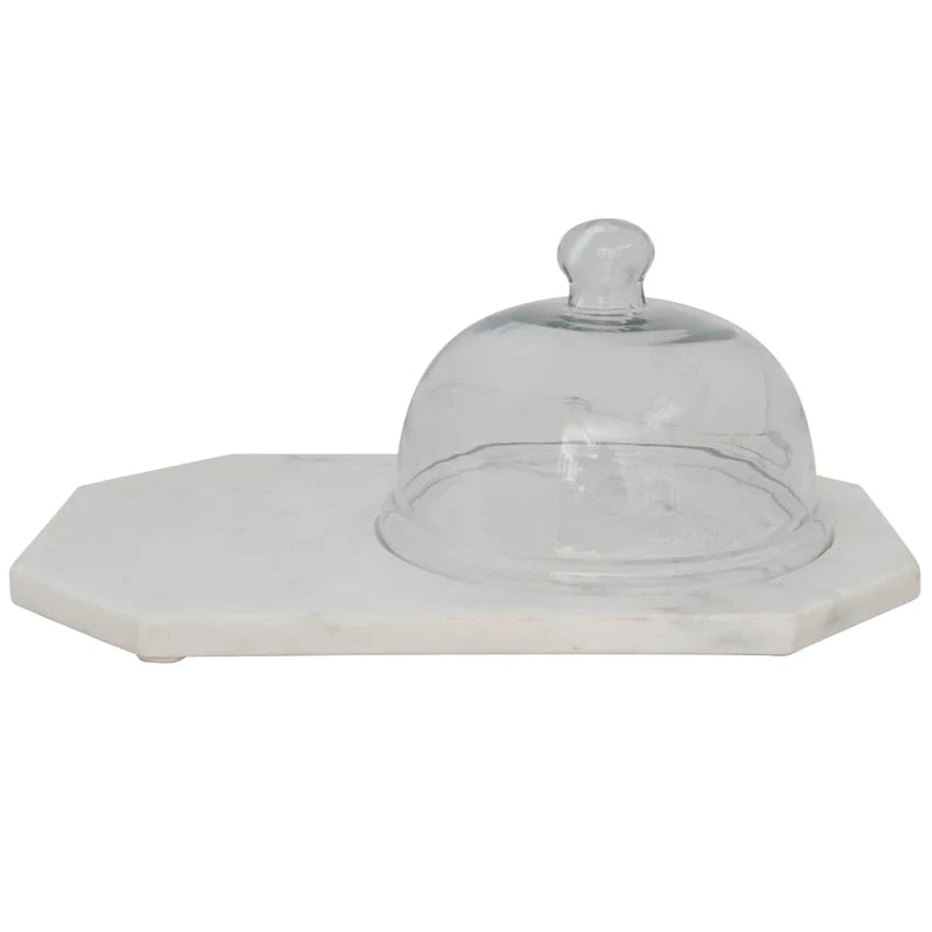 White Marble Serving Tray w/ Glass Cloche - 10" x 15"