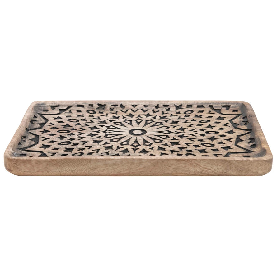 Hand-Carved Patterned Mango Wood Tray - 9.75" x 16"