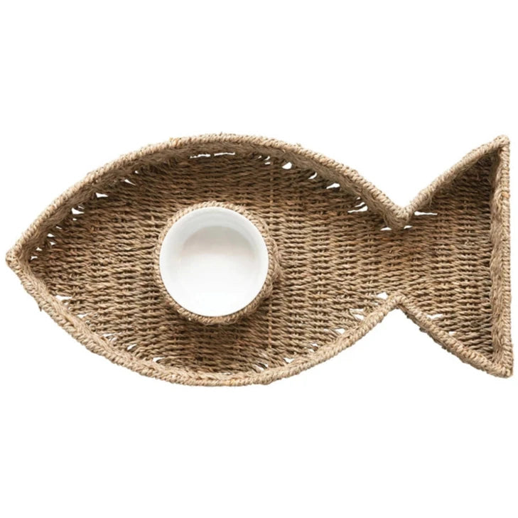 Woven Seagrass Chip & Dip Fish-Shaped Serving Platter - 20" x 10"
