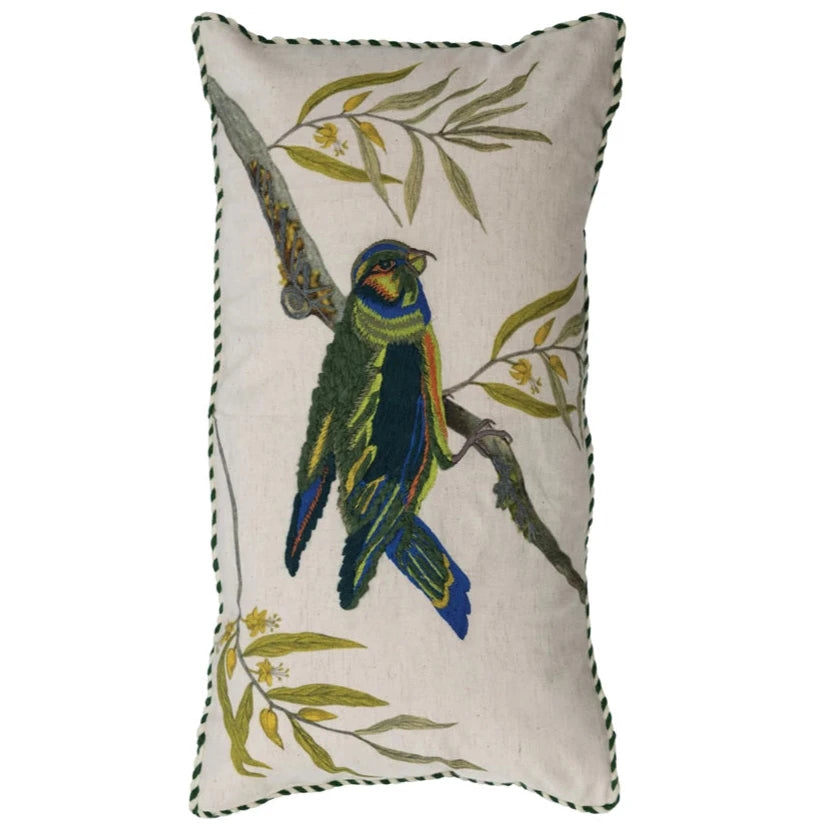 Embroidered Cotton Bird Lumbar Pillow - 24" x 12"