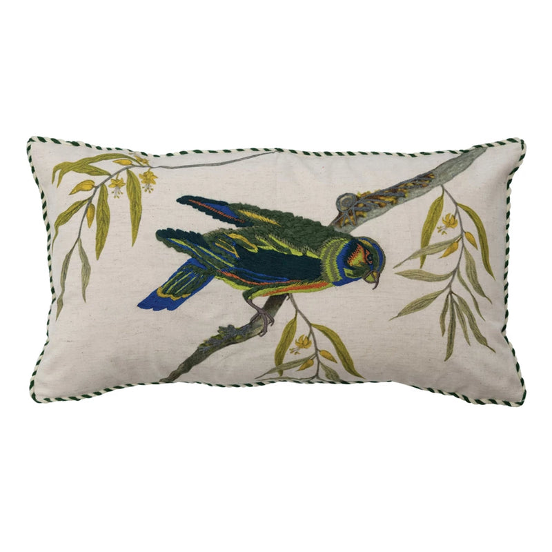 Lumbar Pillow w/ Bird on Branch, Embroidery & Piping