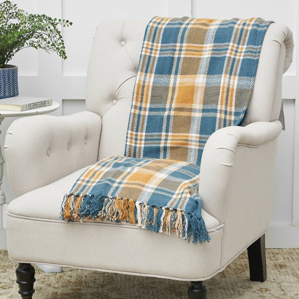 C&F Blue/Gold Plaid Cotton Throw Blanket - 50" x 60"