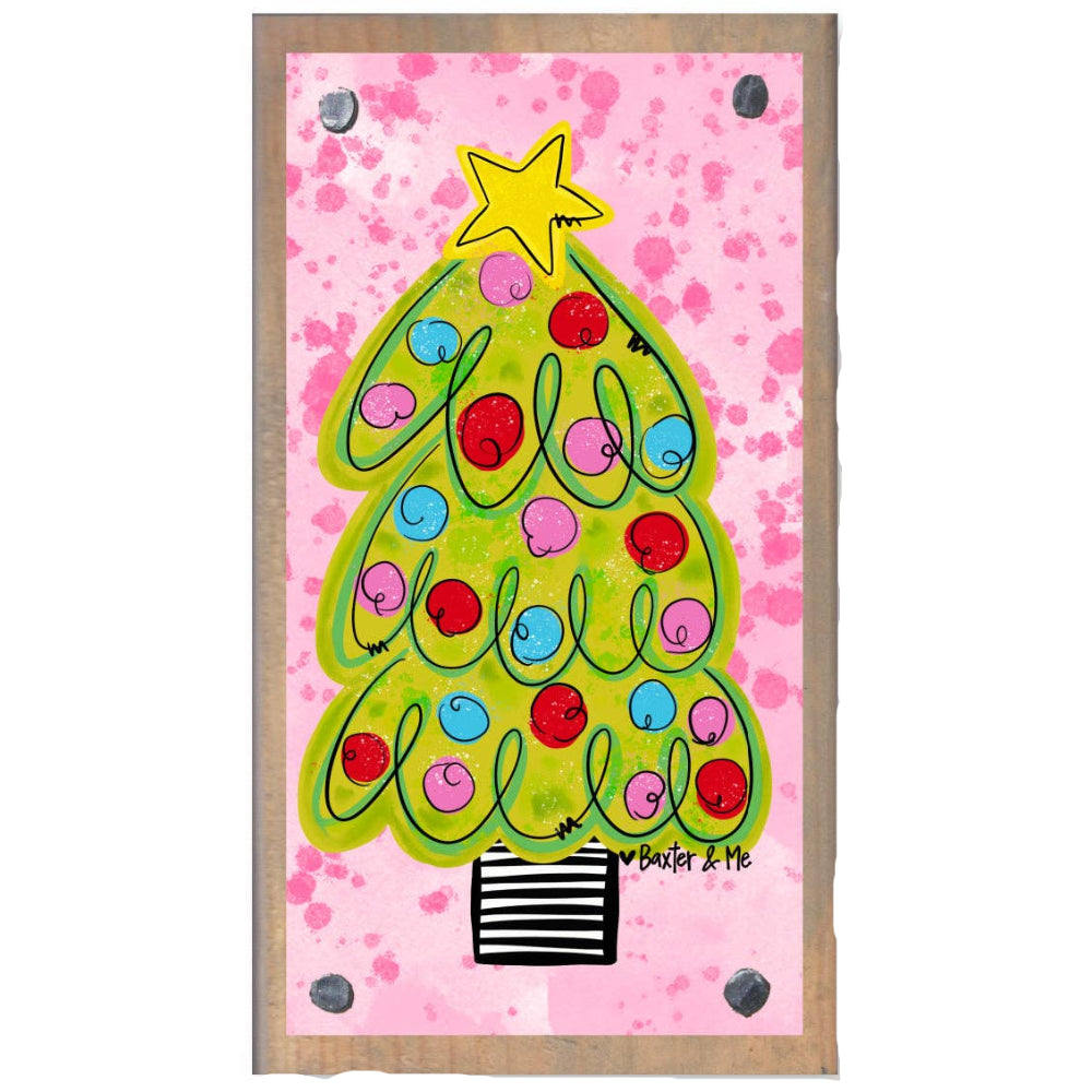Baxter & Me Christmas Tree (Pink) Happy Block Driftwood Art Print - 4" x 6"