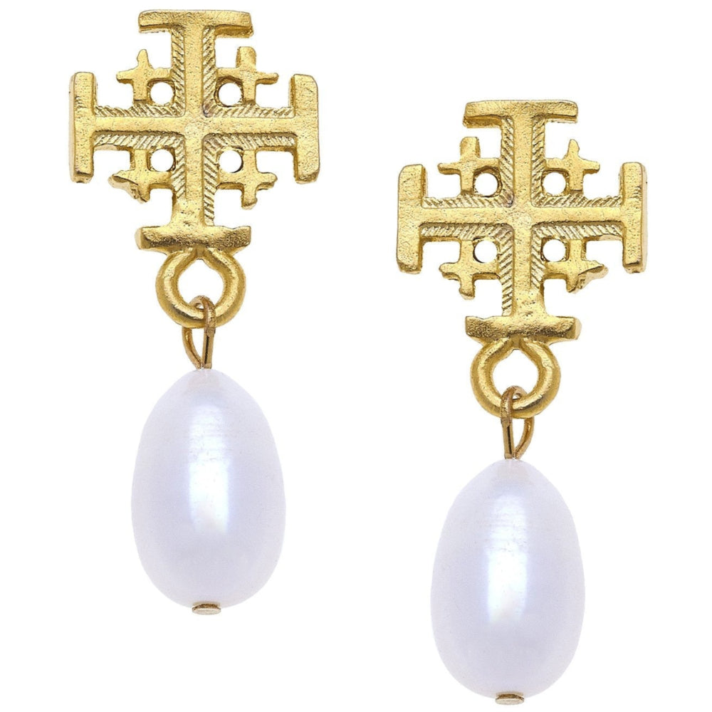 Susan Shaw Gold Jerusalem Cross & Pearl Drop Earrings