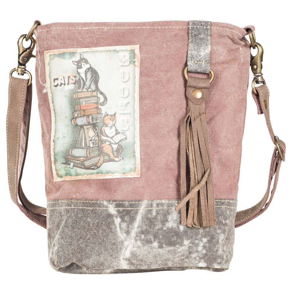 Clea Ray Canvas Cats & Books Crossbody Bag