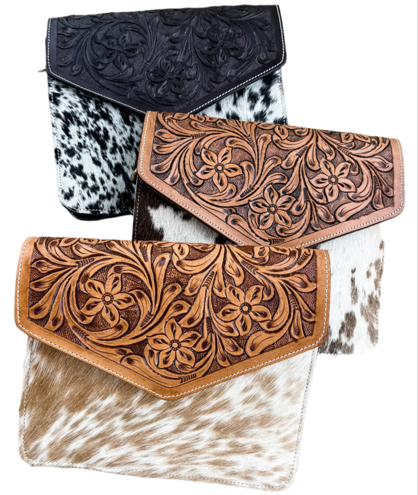 Boho Ranch Jolene Crossbody Cowhide Clutch Bag - 8" x 9.5"