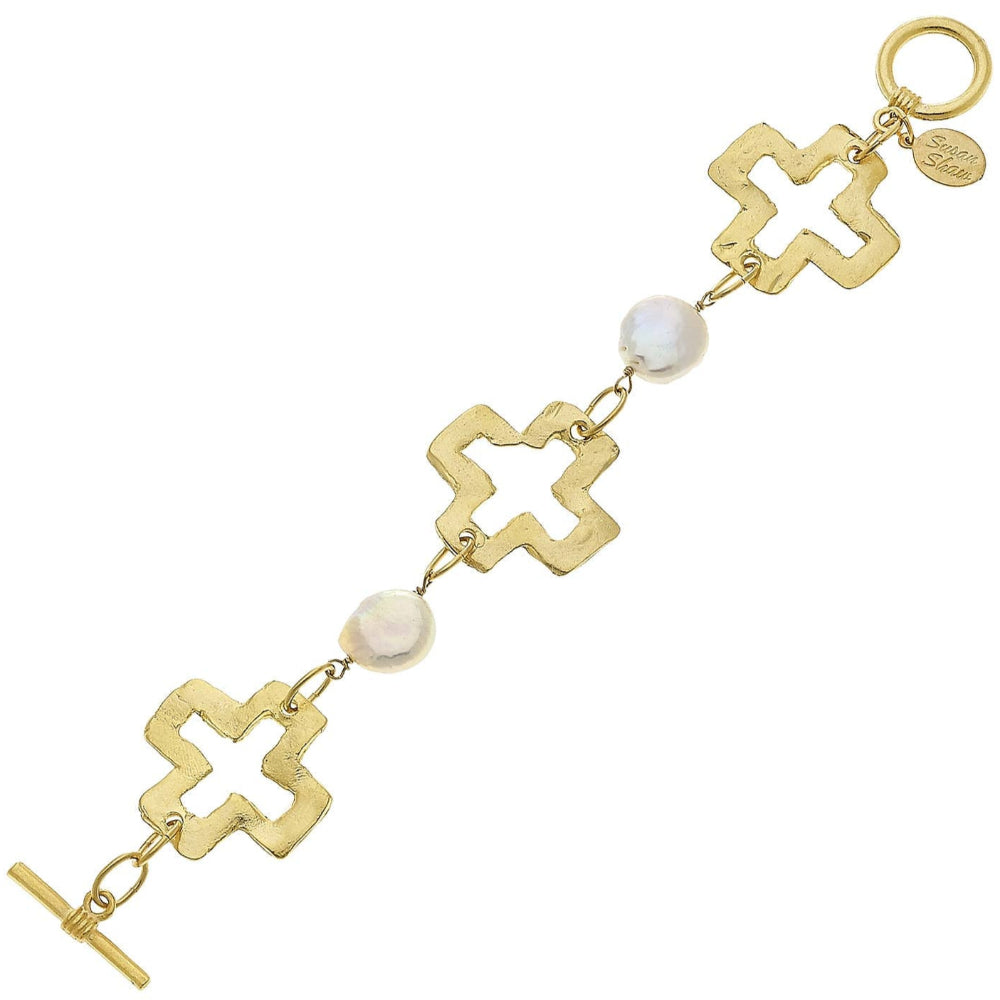 Susan Shaw Gold Open Crosses & Freshwater Pearls Bracelet