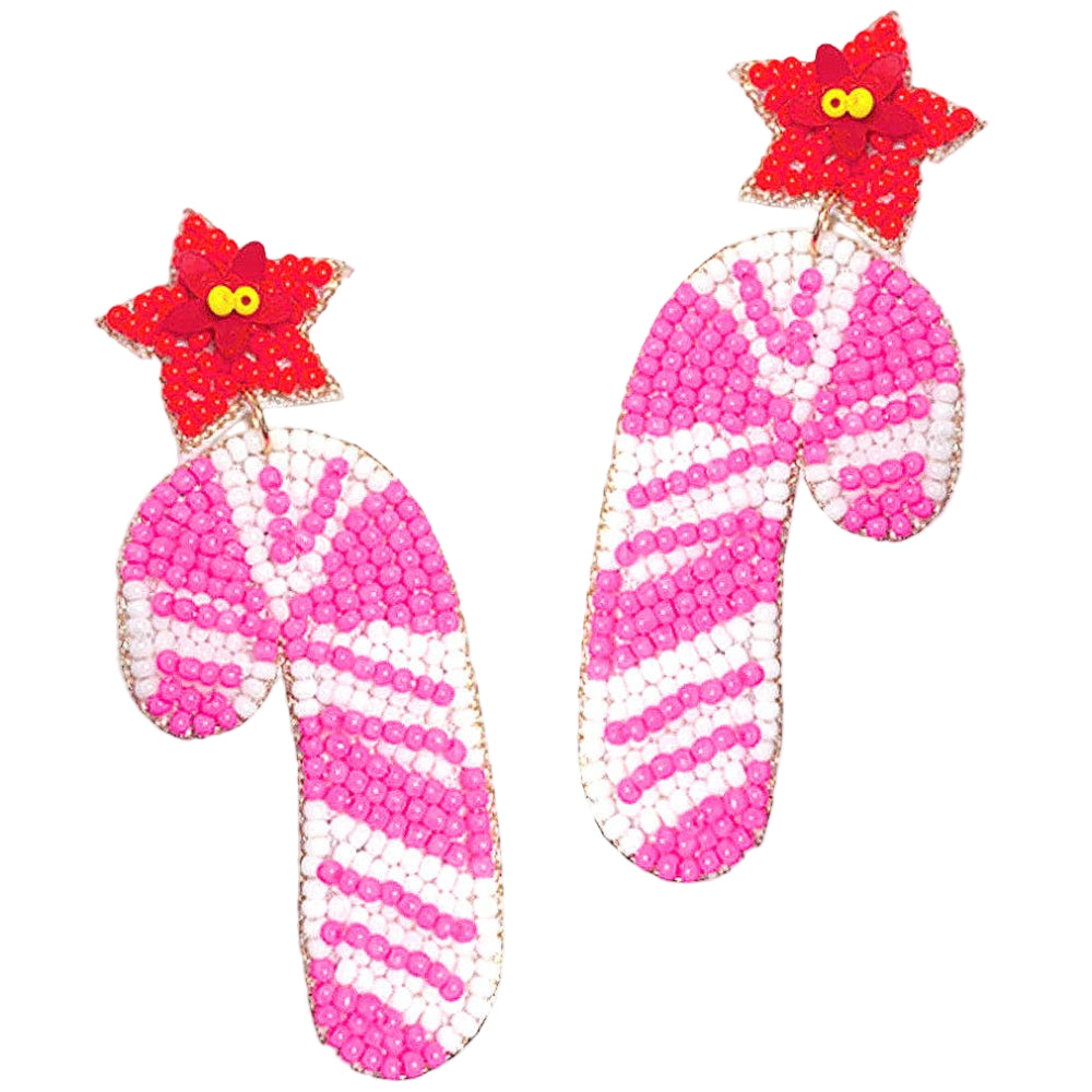 Viv & Lou Beaded Pink & White Candy Cane Earrings