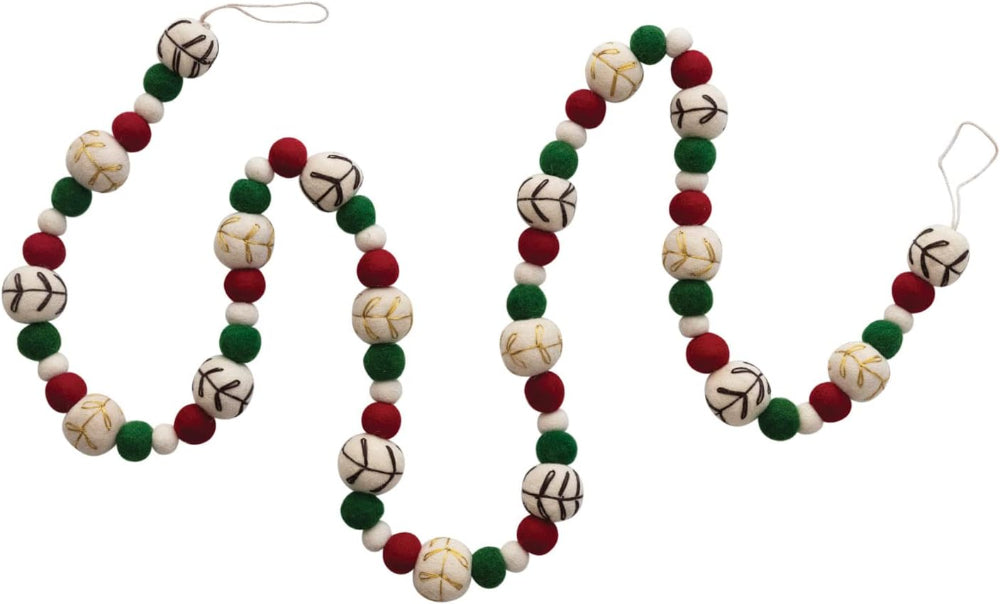 Embroidered Felted Wool Ball Christmas Garland - 6'