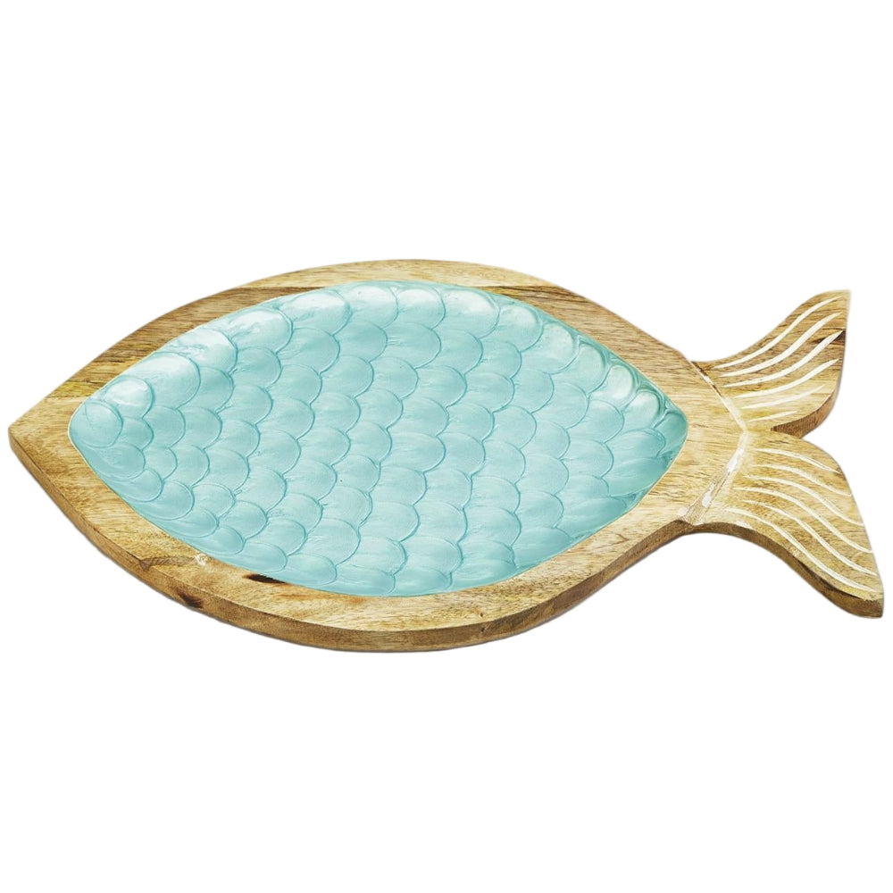 Shimmering Aqua Lacquer Mango Wood Fish Tray - 16"