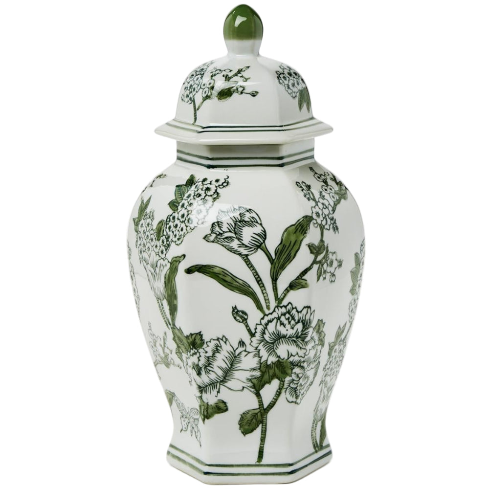 Green & White Porcelain Primrose / Lotus Temple Jar - 14.5"
