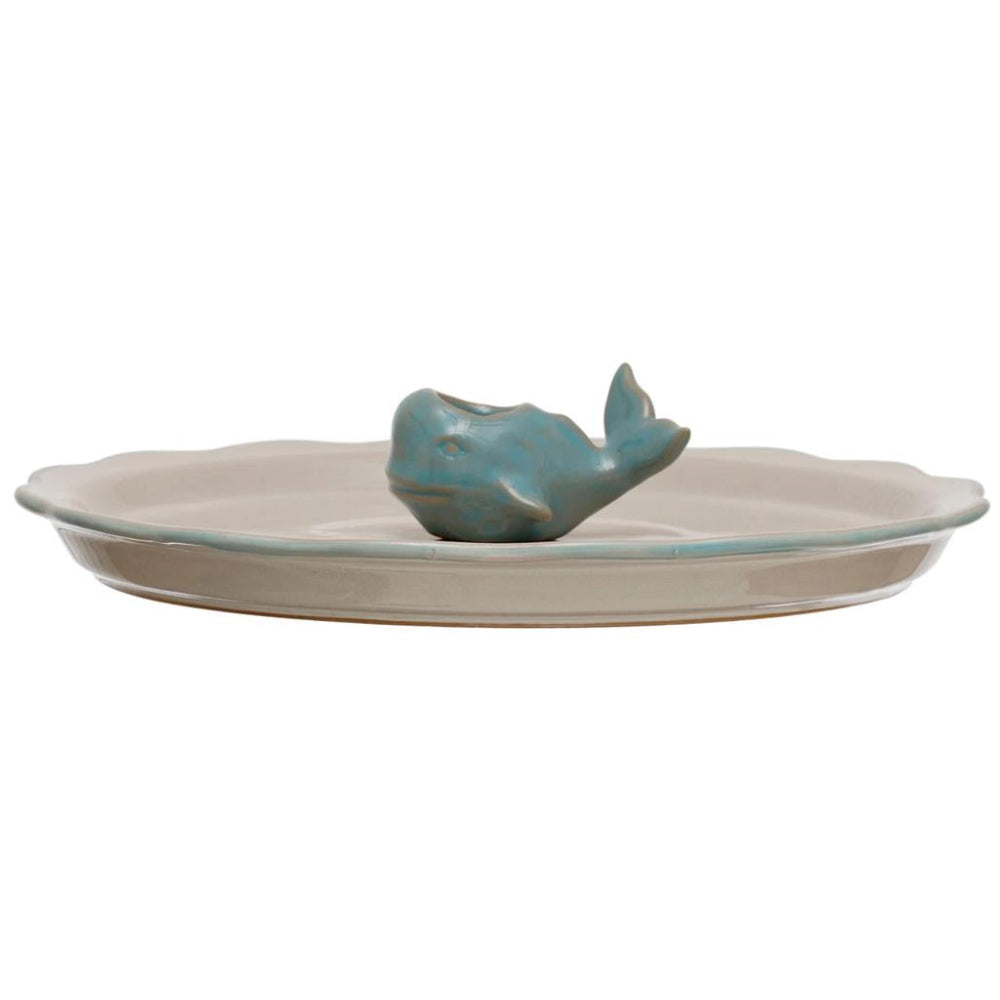 Glazed Stoneware Appetizer Plate w/ Whale Toothpick Holder - 10"