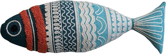 Fish-Shaped Embroidered Cotton Chambray Pillow - 3" x 14"