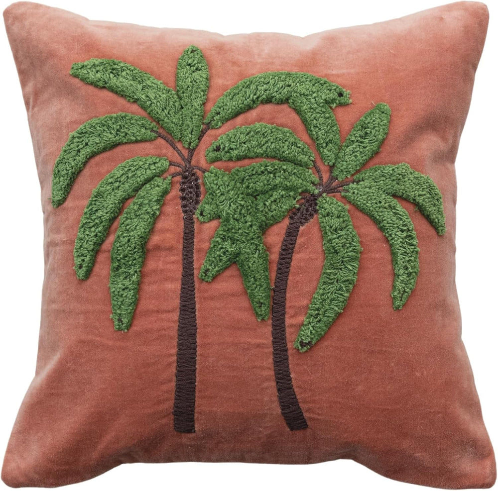 Brown Cotton Pillow w/ Tufted Palm Trees - 18" x 18"