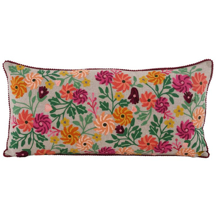 Karma Embroidered Natural Chamber Floral Cotton Lumbar Pillow - 14" x 28"