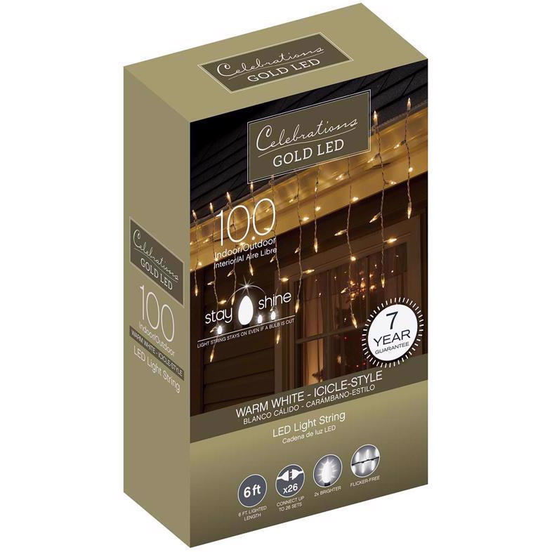 Celebrations Gold LED Icicle Christmas Lights - 6' (100 Lights)