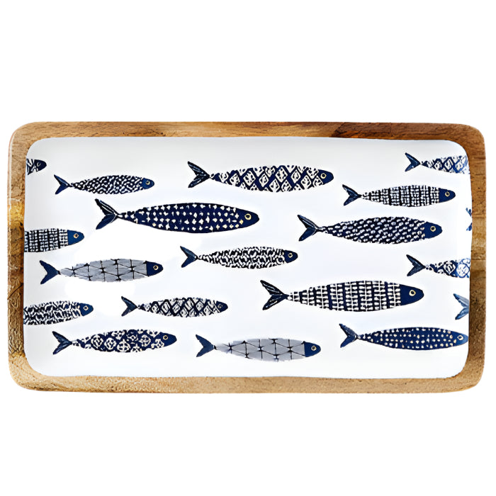Navy & White Enameled Fish School Tray - 7" x 14"